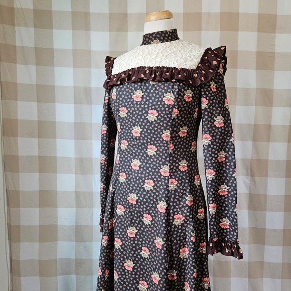 Vtg 60s 70s Hippie Brown Floral Prairie Maxi Dress Lace Ruffles Romantic Boho S - Picture 2 of 8